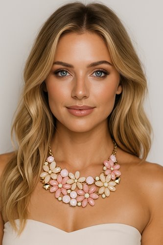 Różowa kolia kwiatowa z kryształów statement romantyczna D13-71