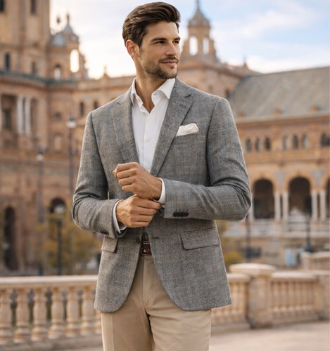 SZARA MARYNARKA MĘSKA W ELEGANCKĄ DROBNĄ KRATĘ