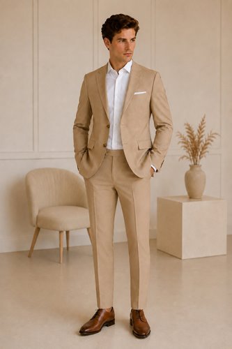 BEŻOWY GARNITUR MĘSKI SLIM FIT PREMIUM