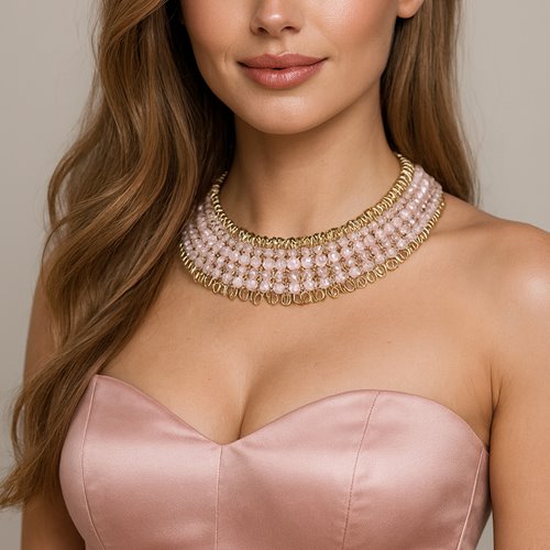 Różowy naszyjnik z kryształkami wielowarstwowy damski D13-2