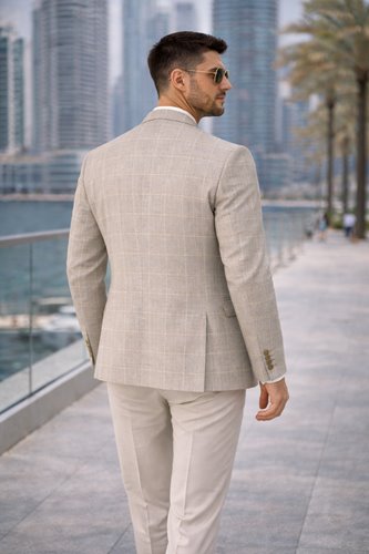 MARYNARKA MĘSKA BEŻOWA W KRATĘ BAWEŁNA LEN