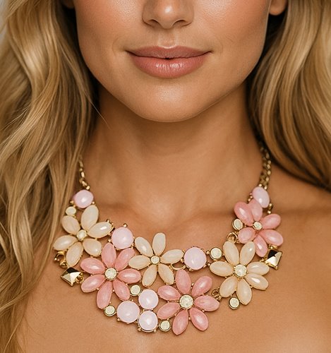 Różowa kolia kwiatowa z kryształów statement romantyczna D13-71