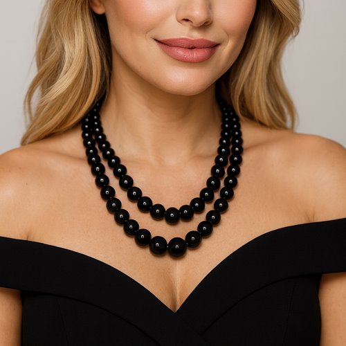 Czarny naszyjnik podwójny z koralików elegancki klasyczny D13-14
