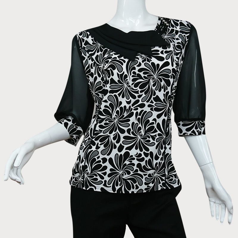 CZARNA BLUZKA DAMSKA WZORZYSTA D11-42