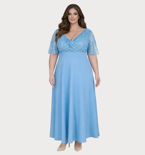 BŁĘKITNA SUKIENKA MAXI PLUS SIZE Z CEKINOWĄ GÓRĄ