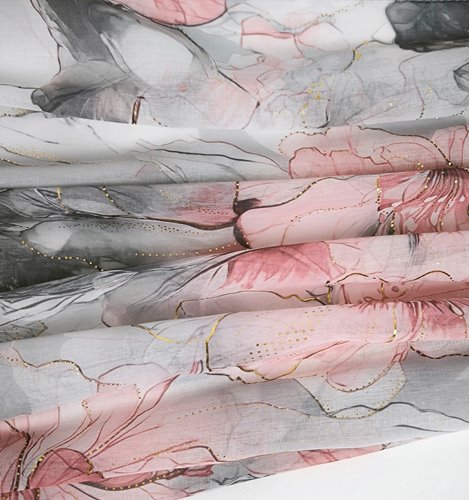 SZARY WISKOZOWY SZAL W KWIATY ZE ZŁOTYM AKCENTEM