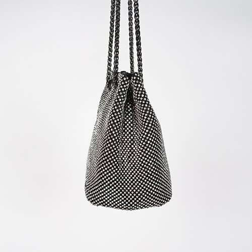 Czarna torebka worek pokryta cyrkoniami z czarnym łańcuszkiem D10-107