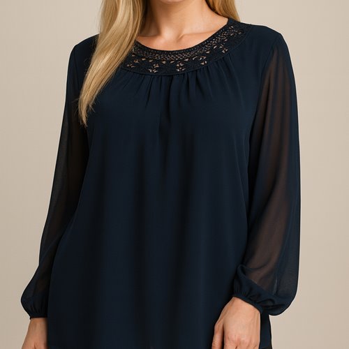 GRANATOWA BLUZKA Z DEKORACYJNYM DEKOLTEM D11-35