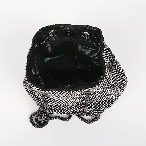 Czarna torebka worek pokryta cyrkoniami z czarnym łańcuszkiem D10-107