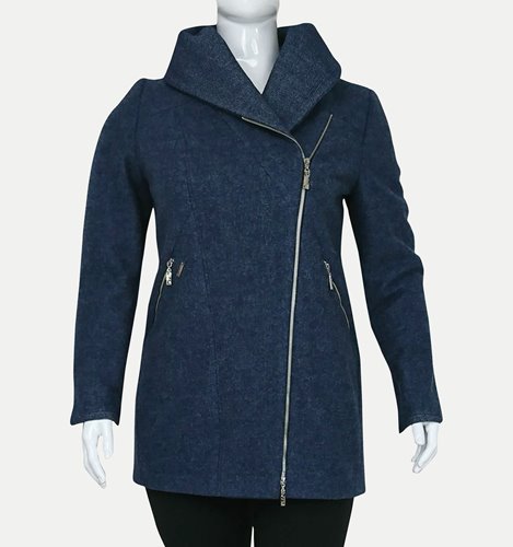 Granatowa kurtka wełniana plus size z asymetrycznym zapięciem D20-P2