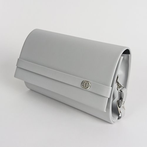 Szara cylindryczna torebka ze skóry ekologicznej z logo i klapą D10-123