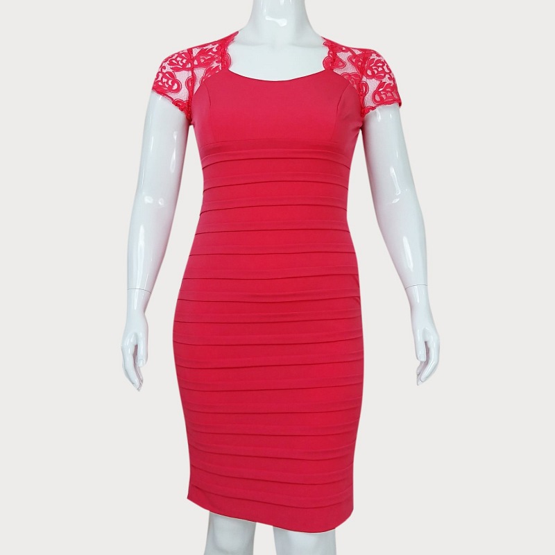 KORALOWA SUKIENKA WIZYTOWA Z KORONKĄ D2-94