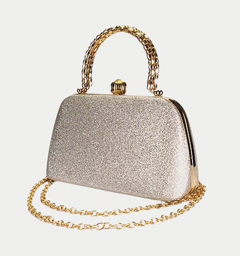 Złota torebka wizytowa z brokatem i metalowym uchwytem D10-156