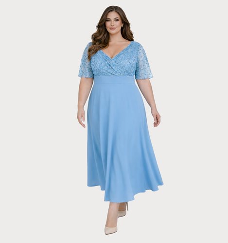 BŁĘKITNA SUKIENKA MAXI PLUS SIZE Z CEKINOWĄ GÓRĄ