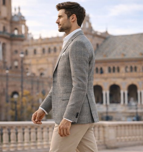 SZARA MARYNARKA MĘSKA W ELEGANCKĄ DROBNĄ KRATĘ