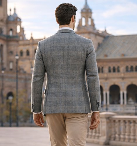 SZARA MARYNARKA MĘSKA W ELEGANCKĄ DROBNĄ KRATĘ