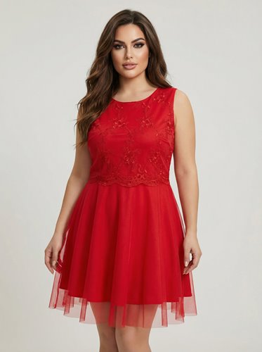 CZERWONA ROZKLOSZOWANA SUKIENKA Z KORONKĄ D2-79
