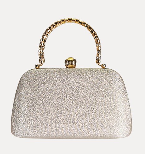 Złota torebka wizytowa z brokatem i metalowym uchwytem D10-156