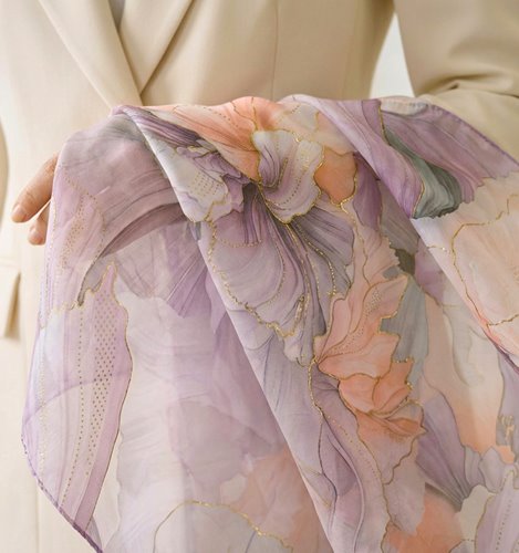 RÓŻOWY WISKOZOWY SZAL W KWIATY ZE ZŁOTYM AKCENTEM