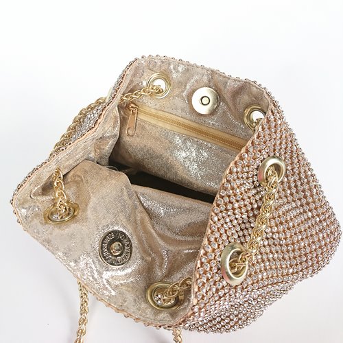 Złota torebka worek pokryta cyrkoniami ze złotym łańcuszkiem D10-106