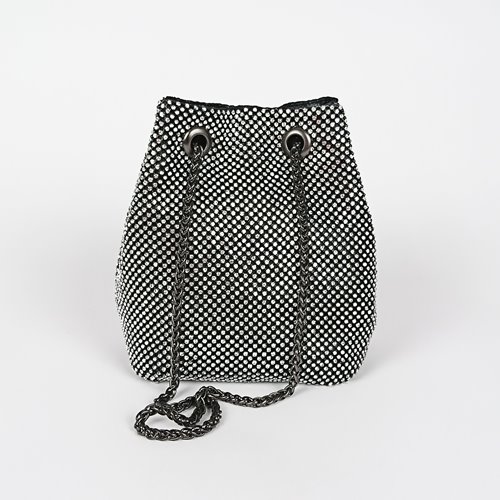 Czarna torebka worek pokryta cyrkoniami z czarnym łańcuszkiem D10-107