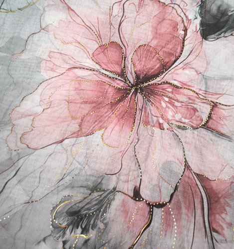 SZARY WISKOZOWY SZAL W KWIATY ZE ZŁOTYM AKCENTEM