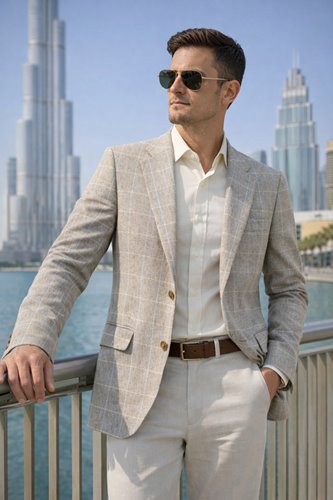 MARYNARKA MĘSKA BEŻOWA W KRATĘ BAWEŁNA LEN