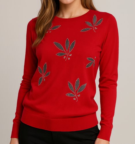 CZERWONY DZIANINOWY  SWETER  D32-2