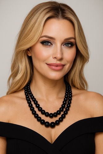 Czarny naszyjnik podwójny z koralików elegancki klasyczny D13-14