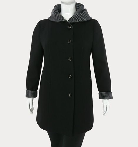 Czarny wełniany płaszcz z kapturem plus size D19-P8