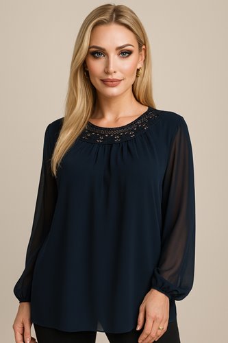 GRANATOWA BLUZKA Z DEKORACYJNYM DEKOLTEM D11-35