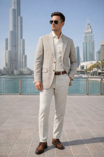 MARYNARKA MĘSKA BEŻOWA W KRATĘ BAWEŁNA LEN