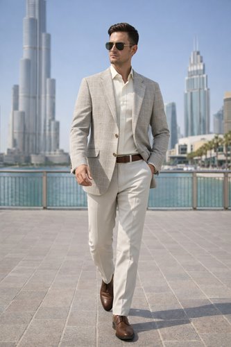 MARYNARKA MĘSKA BEŻOWA W KRATĘ BAWEŁNA LEN