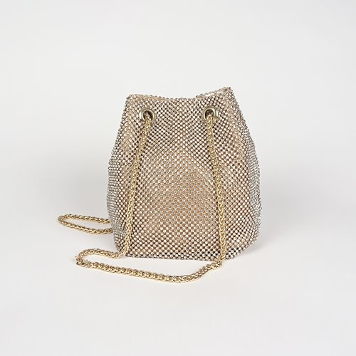 Złota torebka worek pokryta cyrkoniami ze złotym łańcuszkiem D10-106