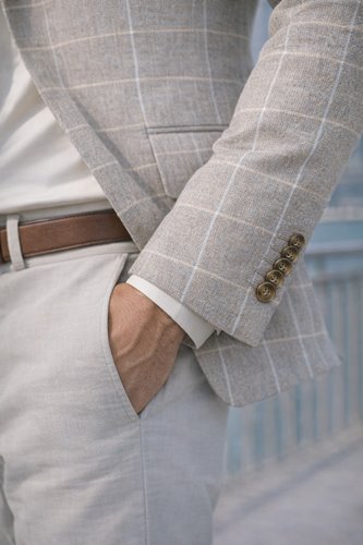 MARYNARKA MĘSKA BEŻOWA W KRATĘ BAWEŁNA LEN