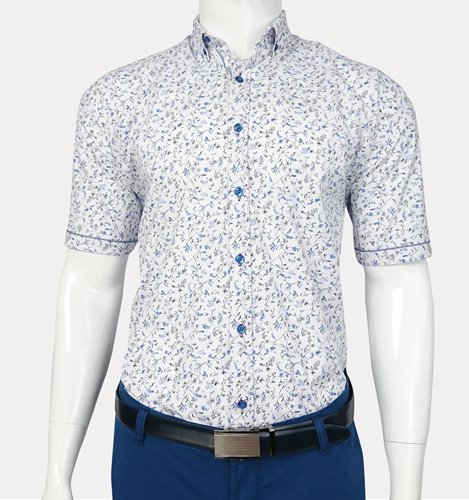 Biała koszula męska plus size w niebieskie kwiatki krótki rękaw M3-P56