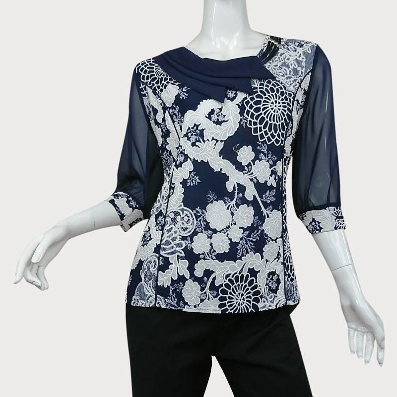 GRANATOWA BLUZKA WZORZYSTA D11-41