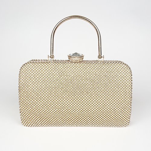 Złota torebka wizytowa pokryta cyrkoniami z metalowym uchwytem D10-144