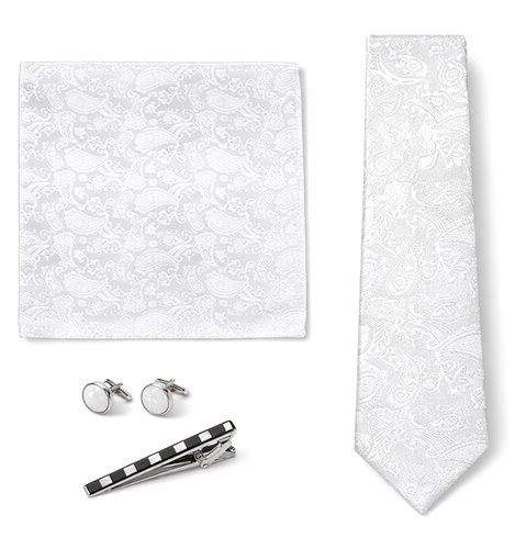 KRAWAT MĘSKI  - ZESTAW ŚLUBNY BIAŁY PAISLEY