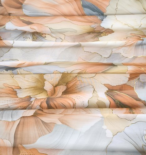 BEŻOWY WISKOZOWY SZAL W KWIATY ZE ZŁOTYM AKCENTEM