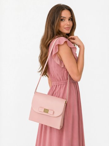 Różowa matowa torebka z kokardką ze skóry ekologicznej na ramię D10-132