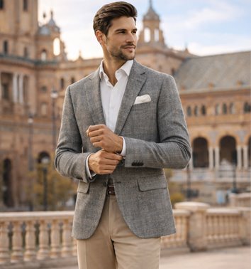 SZARA MARYNARKA MĘSKA W ELEGANCKĄ DROBNĄ KRATĘ