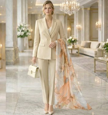 BEŻOWY WISKOZOWY SZAL W KWIATY ZE ZŁOTYM AKCENTEM