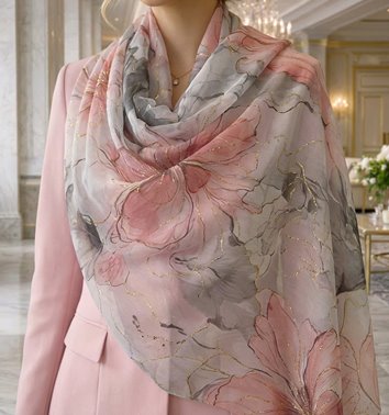SZARY WISKOZOWY SZAL W KWIATY ZE ZŁOTYM AKCENTEM