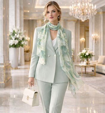 ZIELONY WISKOZOWY SZAL W KWIATY ZE ZŁOTYM AKCENTEM