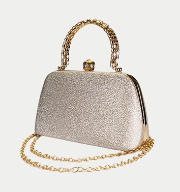 Złota torebka wizytowa z brokatem i metalowym uchwytem D10-156