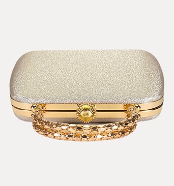 Złota torebka wizytowa z brokatem i metalowym uchwytem D10-156