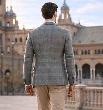 SZARA MARYNARKA MĘSKA W ELEGANCKĄ DROBNĄ KRATĘ