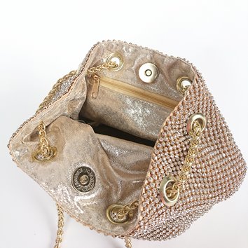 Złota torebka worek pokryta cyrkoniami ze złotym łańcuszkiem D10-106