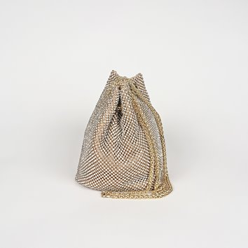 Złota torebka worek pokryta cyrkoniami ze złotym łańcuszkiem D10-106